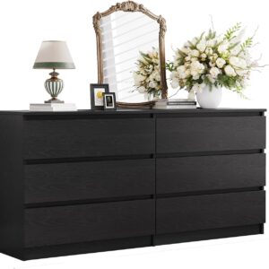 Angel Sar 59'' Dresser for Bedroom, Modern Black 6 Drawer Dresser, Long Dresser with Spacious Tabletop, Smooth Slides, Handlefree Design & Sturdy Base, Double Drawer Dresser for Closet