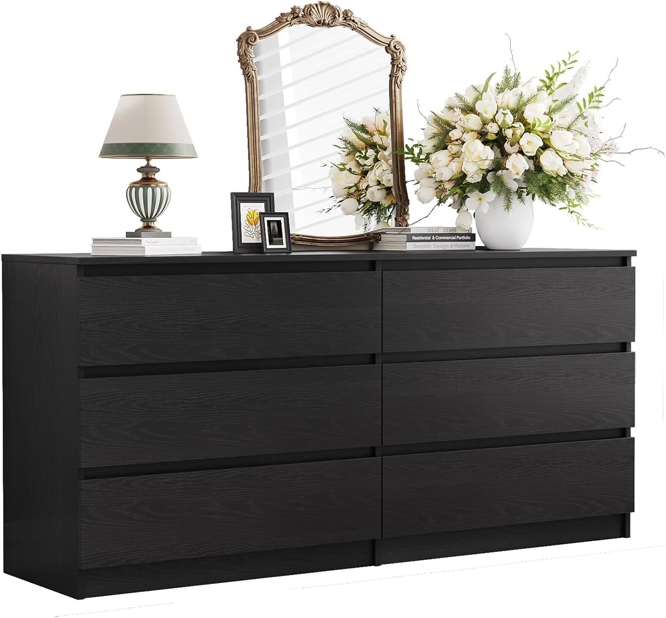 Angel Sar 59'' Dresser for Bedroom, Modern Black 6 Drawer Dresser, Long Dresser with Spacious Tabletop, Smooth Slides, Handlefree Design & Sturdy Base, Double Drawer Dresser for Closet