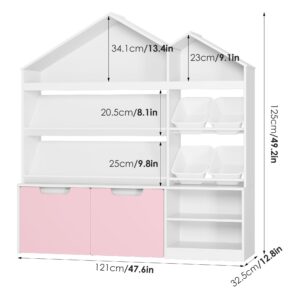 FACBOTALL 2 Tier Book Shelf for Books and Toy Storage, Toy Organizers and Storage with 2 Drawers and 4 Mobile Toy Boxes, Toy Storage Organizer for Living Room, Bedroom, Bookstore, Library