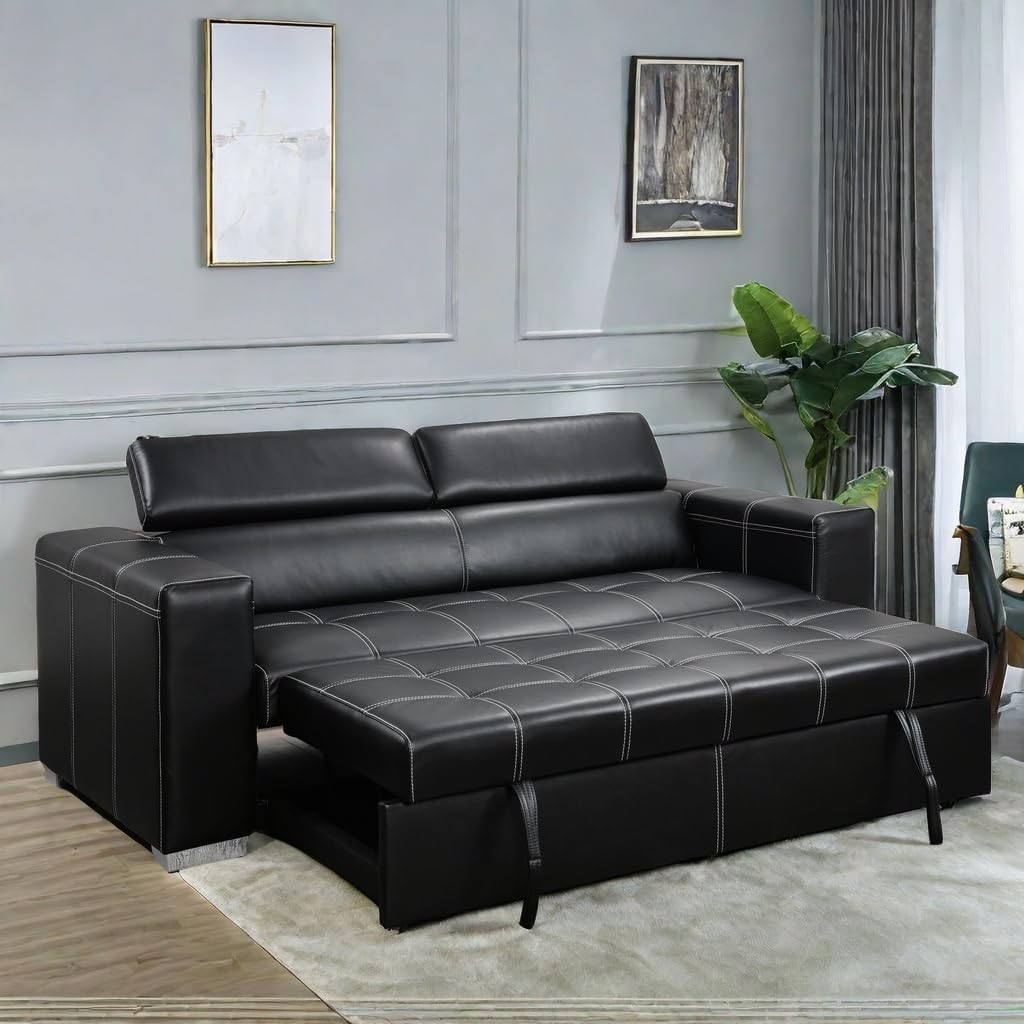 ChicFurnit Sofa Bed,Convertible Sleeper Loveseat with Pull Out Bed,88'' Faux Leather Upholstered Couch Bed with Adjustable Head Pillow and a Comfortable Waist Pillow for Living Room,Bedroom,Black