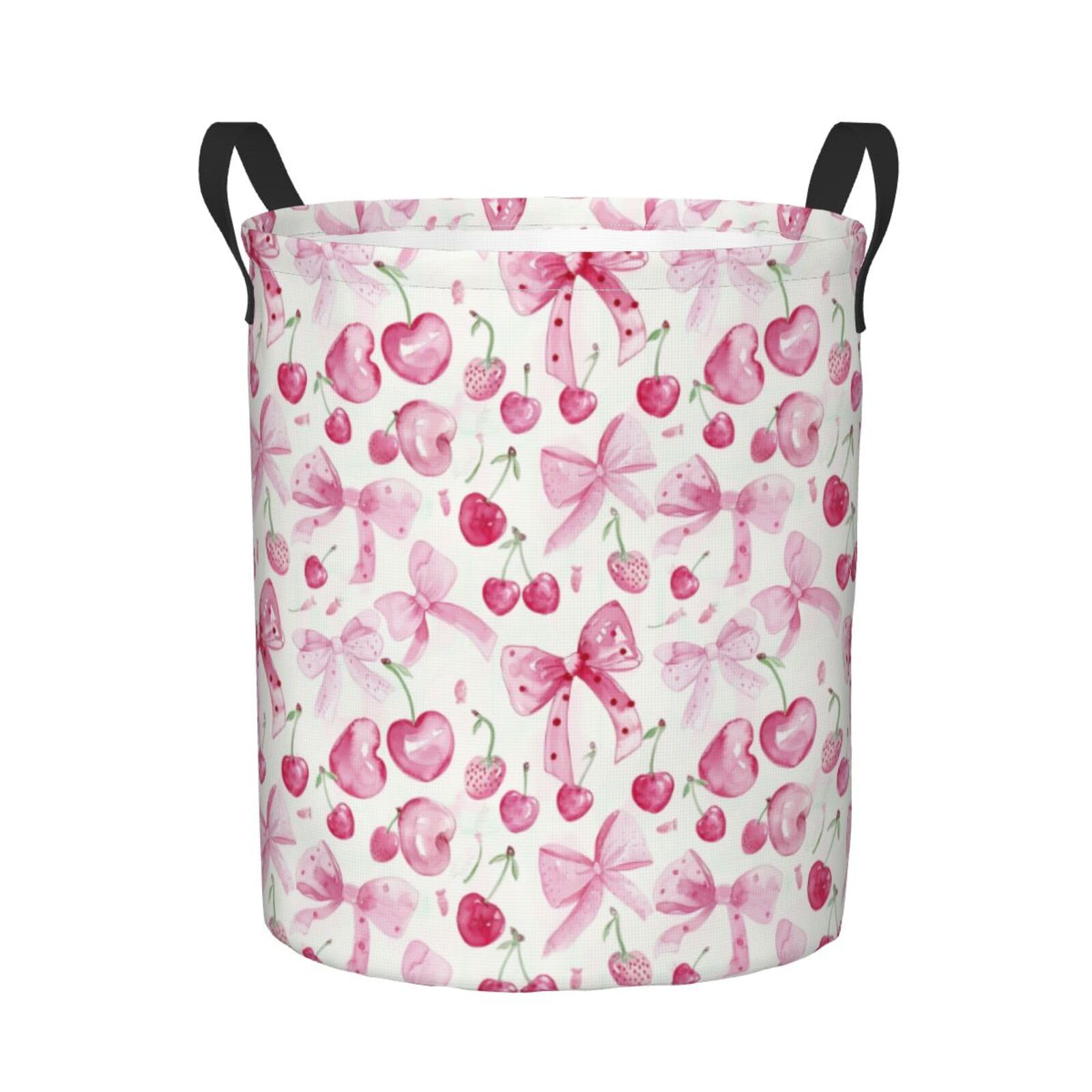 Delerain Pink Bows Cherries Laundry Basket, Waterproof Laundry Hamper with Handles, Collapsible Toy Bins Dirty Clothes Round Storage Basket for Home Bathroom Office Nursery, 19.6X15.7(M)