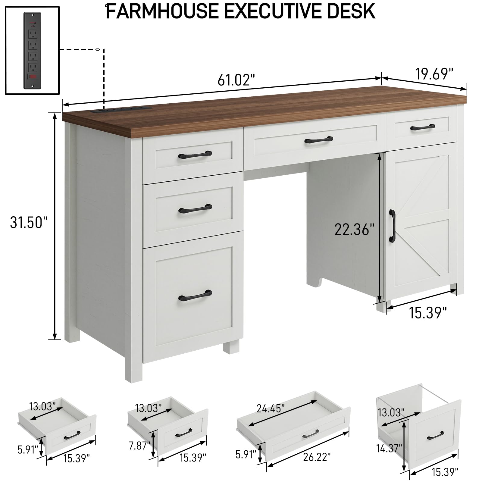 Farmhouse 61'' Executive Desk with 5 Drawers, Rustic Office Desk Computer Desk with Charging Station, File Drawers and Storage Cabinet, Wood Workstation for Home Office and Study, Untique White