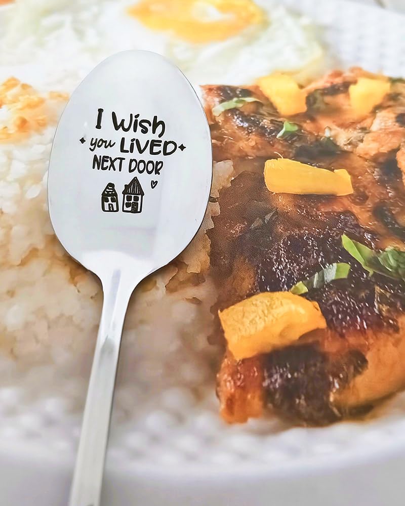 I Wish You Lived Next Door Gifts Spoon for BFF Best Friend Long Distance Friendship Gifts for Women Men Friends Moving Going Away Gift for Friend Daughter Sister Engraved Spoons