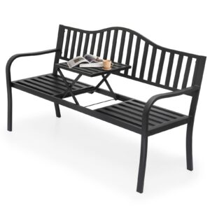 sfihome metal frame garden bench with folding table, 59" all-weather outdoor benches for 2 adults, patio bench with slatted backrest, bench for lawn yard porch entryway, black