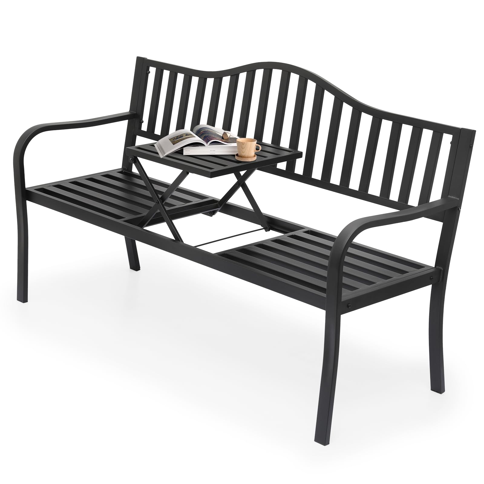 SFIHOME Metal Frame Garden Bench with Folding Table, 59" All-Weather Outdoor Benches for 2 Adults, Patio Bench with Slatted Backrest, Bench for Lawn Yard Porch Entryway, Black