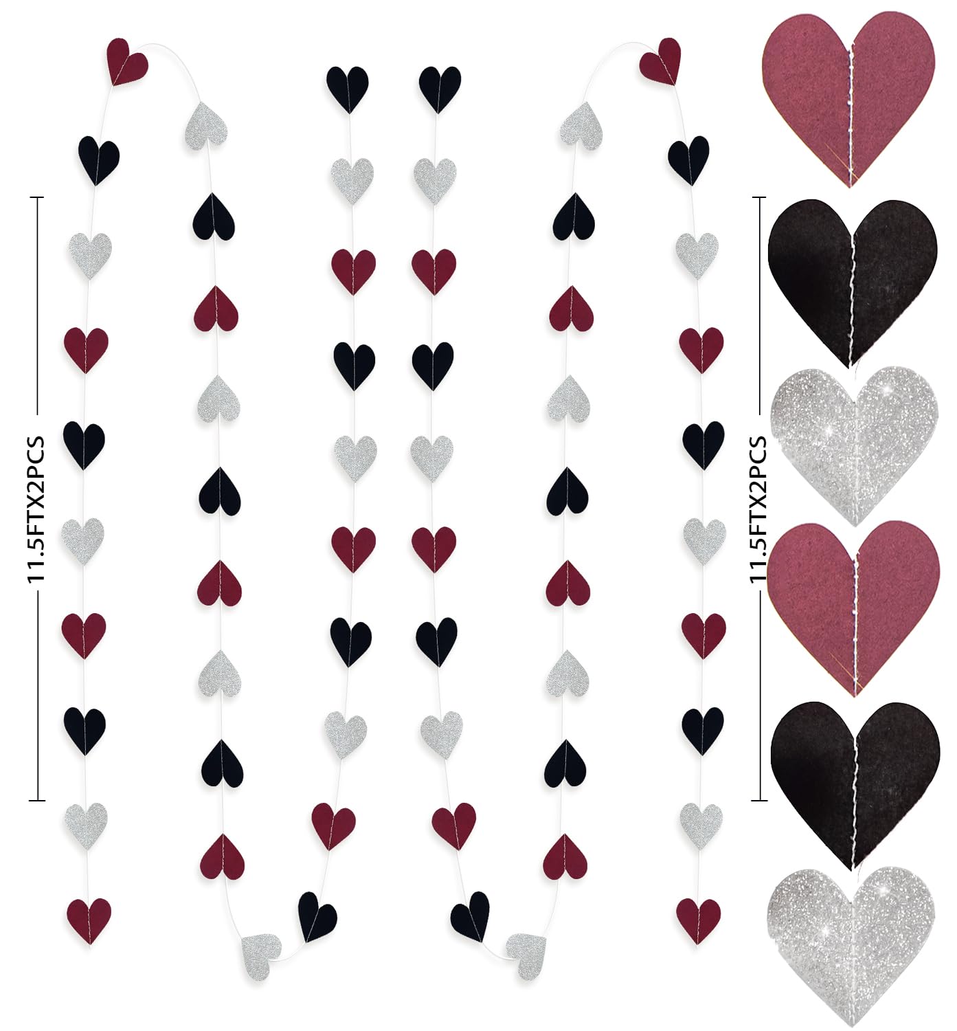 Bridal Shower Decorations Maroon Black/Wedding Decorations/Burgundy Valentine's Day Garland Decorations/Maroon Black Birthday Party Decorations Burgundy Black Heart Paper Garlands 2pcs