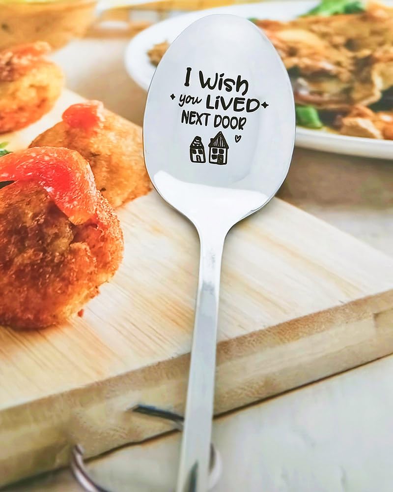 I Wish You Lived Next Door Gifts Spoon for BFF Best Friend Long Distance Friendship Gifts for Women Men Friends Moving Going Away Gift for Friend Daughter Sister Engraved Spoons