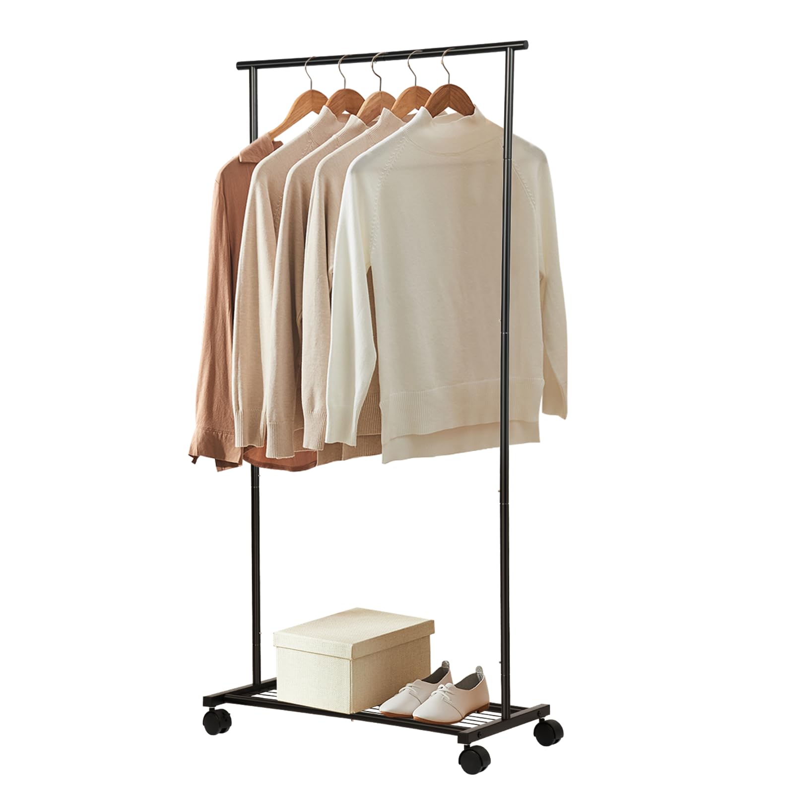 Homnso Clothes Rack - Clothing Rack with Wheels,Rolling Hanger Racks for Clothes and Shoes,Spacious Capacity Garment Rack for Bedroom,Living Room and Office 15" D x 29" W x 60" H,Black