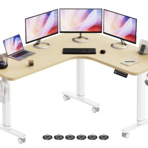 Flycity Electric L Shaped Standing Desk Adjustable Height, 63" x 55" Corner Stand Up Desk, Home Office Desk, Dual Motor Sit Stand Desk, Computer Desk with 3 Memory Preset & Child Lock, Maple