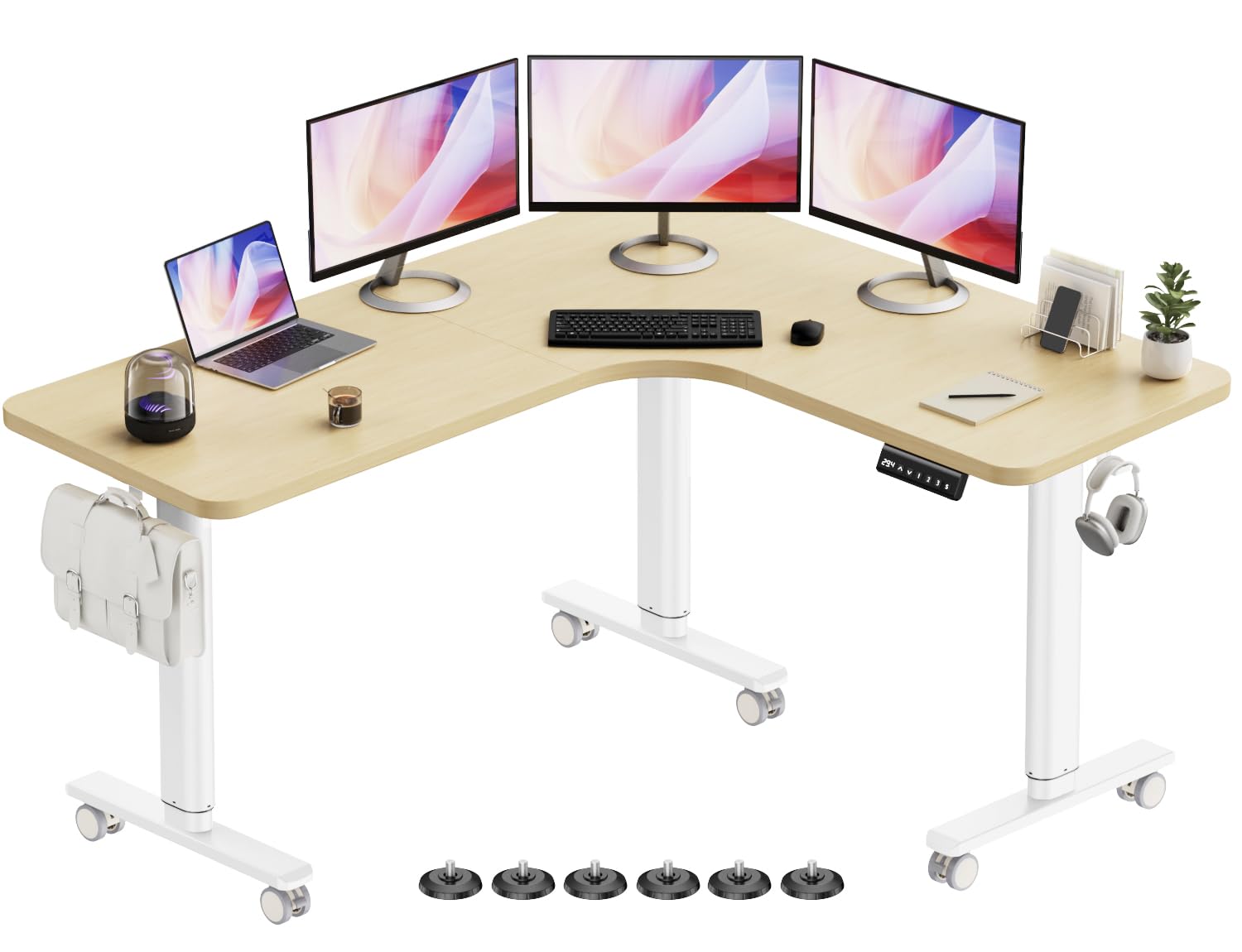 Flycity Electric L Shaped Standing Desk Adjustable Height, 63" x 55" Corner Stand Up Desk, Home Office Desk, Dual Motor Sit Stand Desk, Computer Desk with 3 Memory Preset & Child Lock, Maple