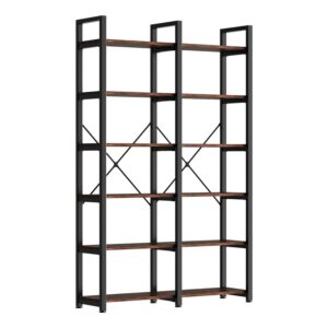 MXV Double Wide Book Shelf, Industrial Bookshelf with Metal Frame, Open Large Book Shelf, Wood and Tall Display Shelves for Home and Office, 6-Tier, Rustic Brown and Black