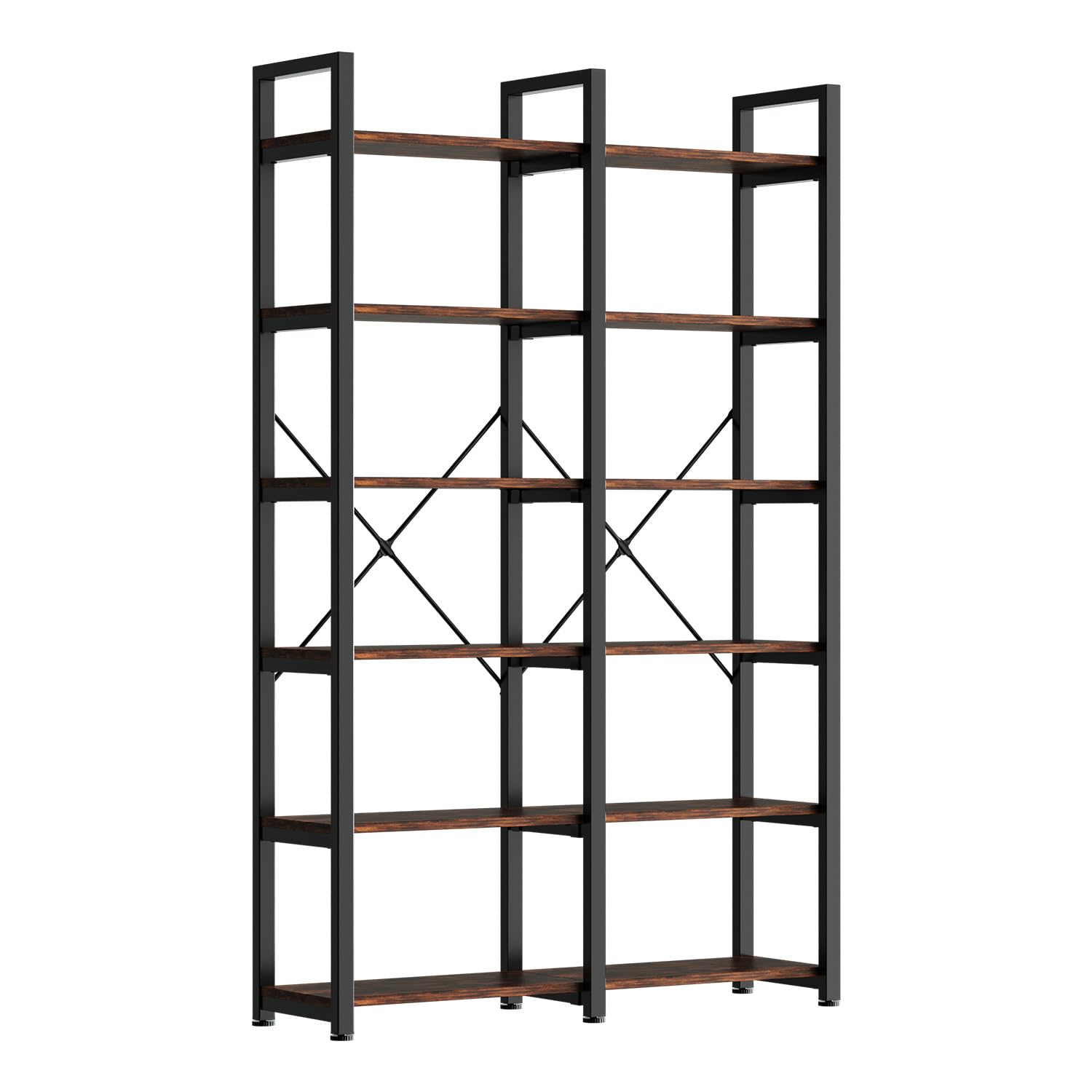 MXV Double Wide Book Shelf, Industrial Bookshelf with Metal Frame, Open Large Book Shelf, Wood and Tall Display Shelves for Home and Office, 6-Tier, Rustic Brown and Black