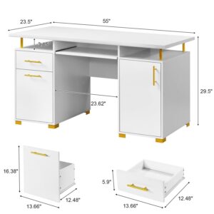 MaverickFurni White and Gold Executive Desk with Drawers, 55 Inch White Desk with Keyboard Drawers, White and Gold Desks for Bedrooms, White Computer Desk with File Cabinet for Office