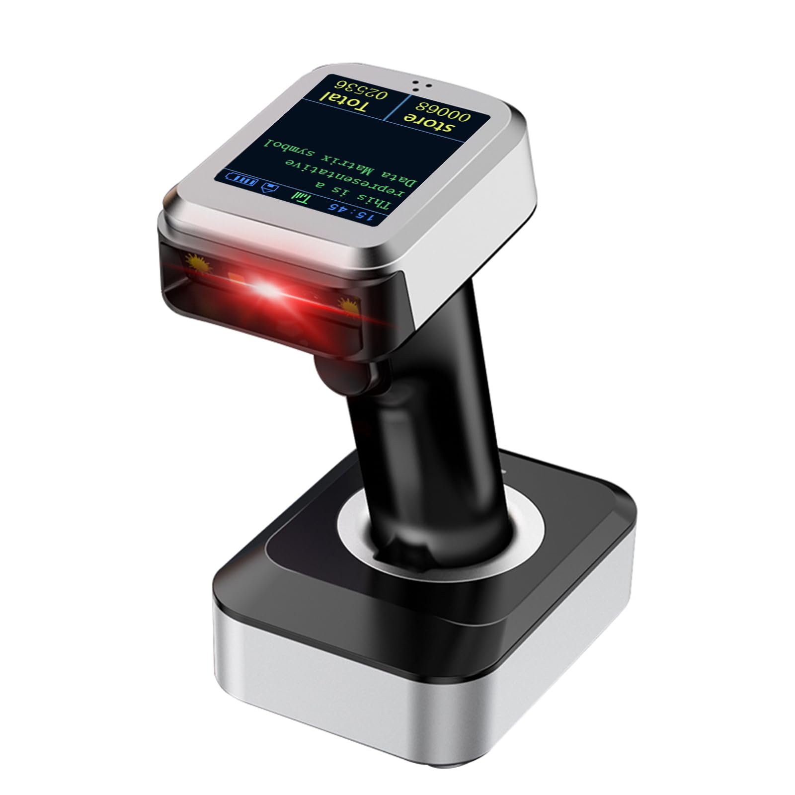 2D QR Bluetooth Barcode Scanner with Screen Display with Charging Base,3 in 1 Compatible with Bluetooth & 2.4GHz Wireless & Wired Connection with 1.8 inch TFT Color LCD Screen