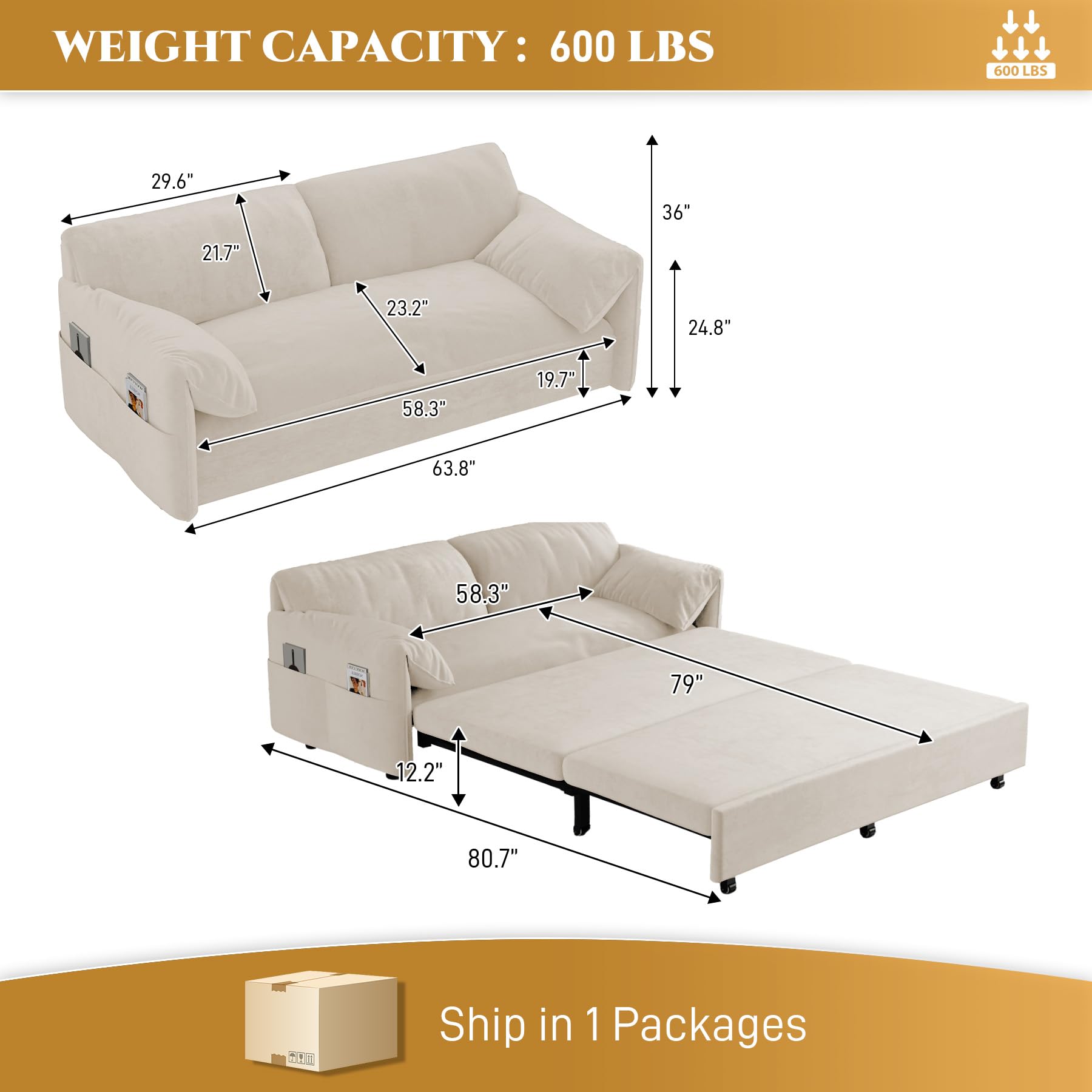 Wrofly 3 in 1 Convertible Sleeper Sofa Couch with Pullout Bed, 63.8" Oversized Velvet Pull Out Loveseat Sofa with Storage, Modern 2 Seater Futon Bed for RV, Living Room, Small Spaces, Beige White