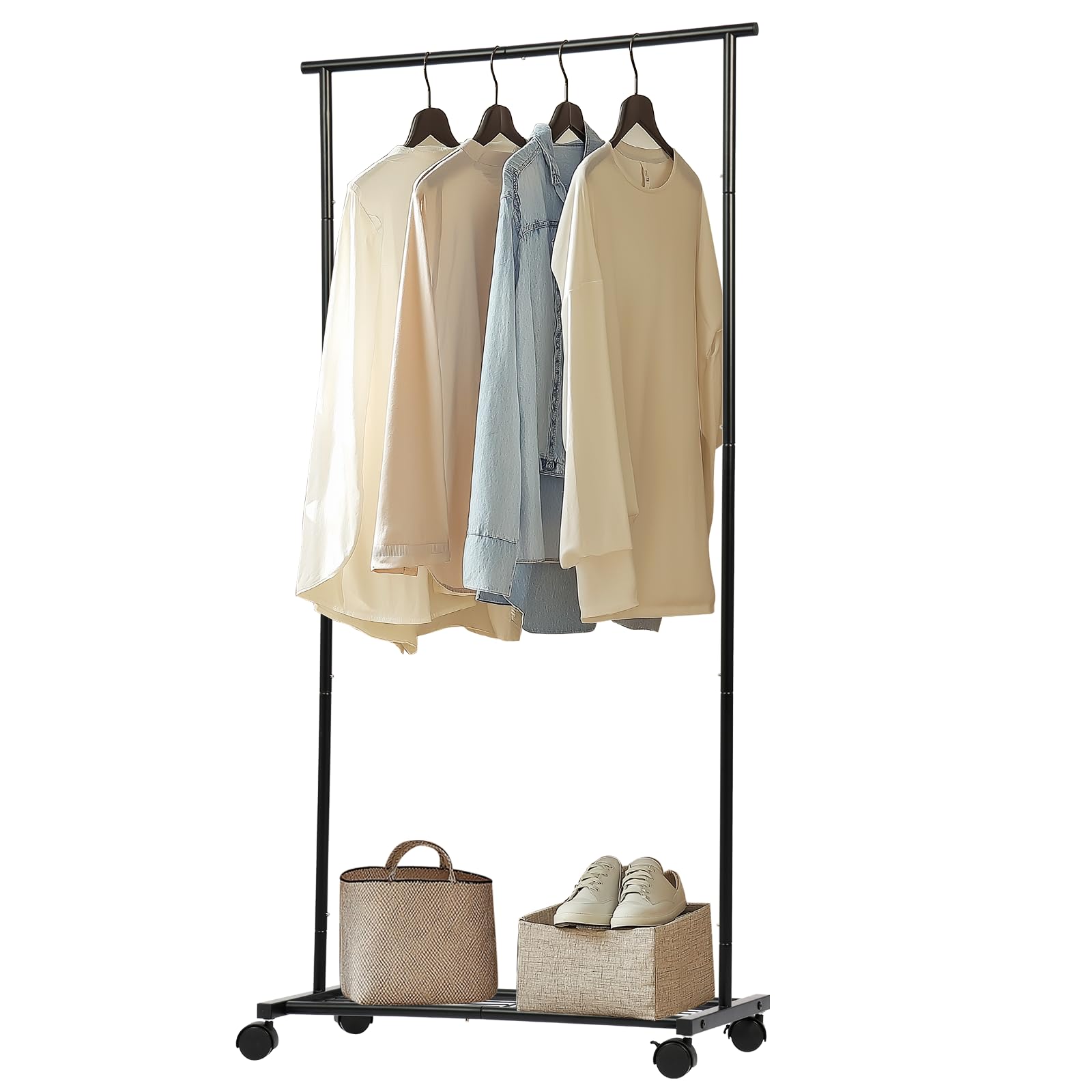 Homnso Clothes Rack - Clothing Rack with Wheels,Rolling Hanger Racks for Clothes and Shoes,Spacious Capacity Garment Rack for Bedroom,Living Room and Office 15" D x 29" W x 60" H,Black