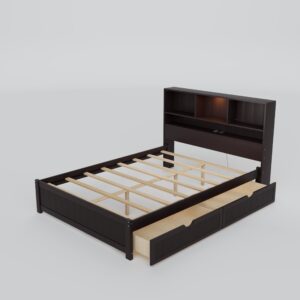 Merax Full Size Wood Platform Bed with Bookcase Headboard, Built-in Downlight, Charging Station, and 2 Side Drawers, Expresso