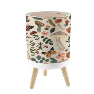 hgsschrek small trash can with lid seamless natural pattern forest mushrooms insects drawn 1.8 gallon/7l garbage can waste bin with pop-up lid wood legs wastebasket for bathroom kitchen bedroom