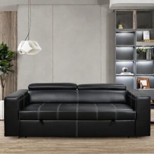 ChicFurnit Sofa Bed,Convertible Sleeper Loveseat with Pull Out Bed,88'' Faux Leather Upholstered Couch Bed with Adjustable Head Pillow and a Comfortable Waist Pillow for Living Room,Bedroom,Black