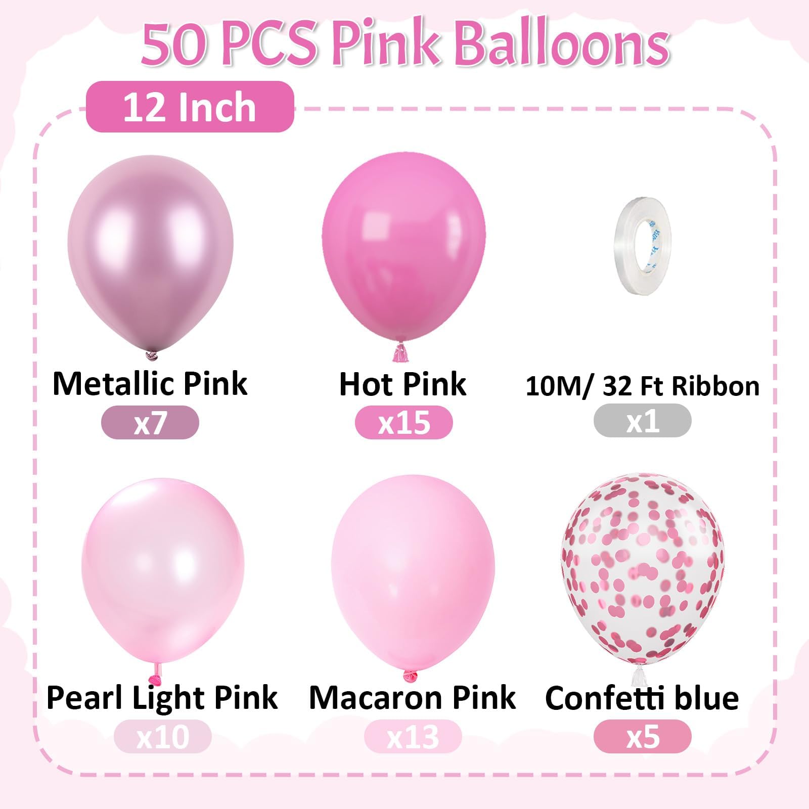 Paready Pink Balloons Set, 50 Pcs 12 Inch Metallic Pink Pastel Pearl Light Pink Confetti Balloons Helium with Ribbon for Women Girls Wedding Bridal Baby Shower Princess Birthday Party Decorations