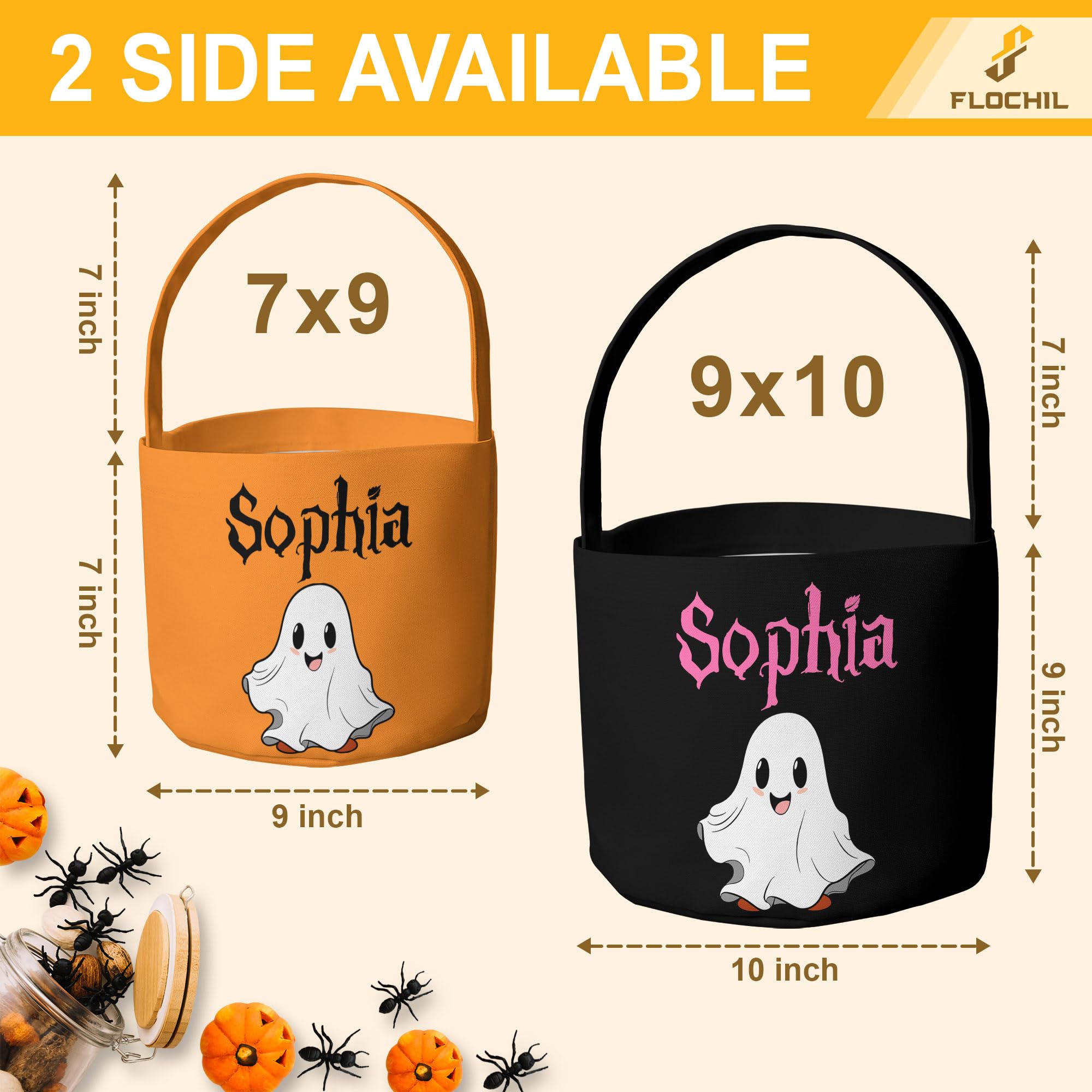 FLOCHIL Personalized Halloween Bags for Trick Or Treat, Custom Baby Halloween Candy Bucket with Name, Halloween Trick Or Treat Bag for Boy, Girl