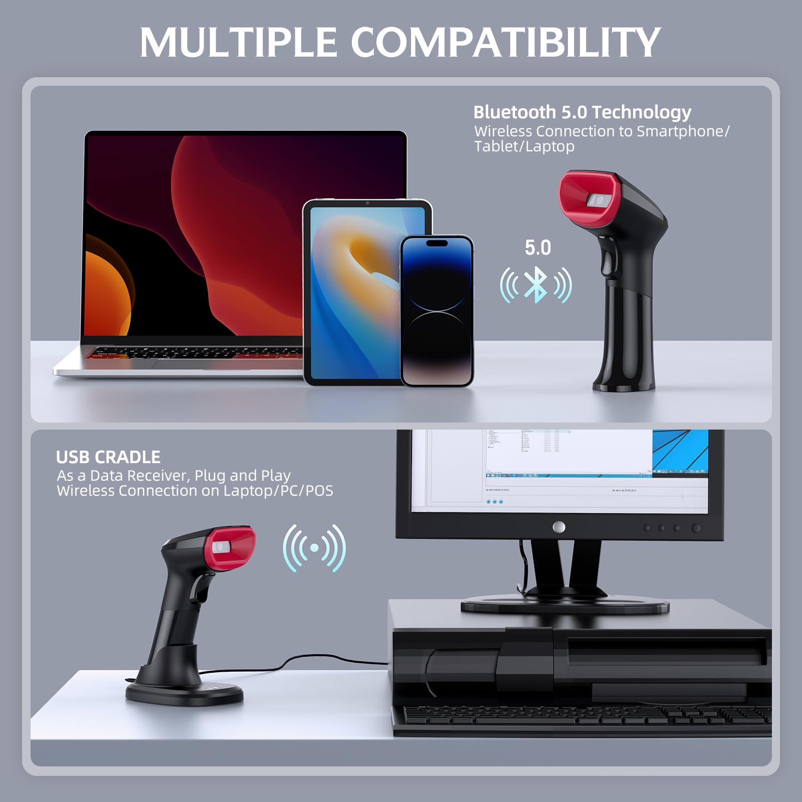 TEEMI T22N-AU 2D USB Wired Barcode Scanner with Smart Stand + TMSL-58CR 2D Wireless Barcode Scanner with Smart Base