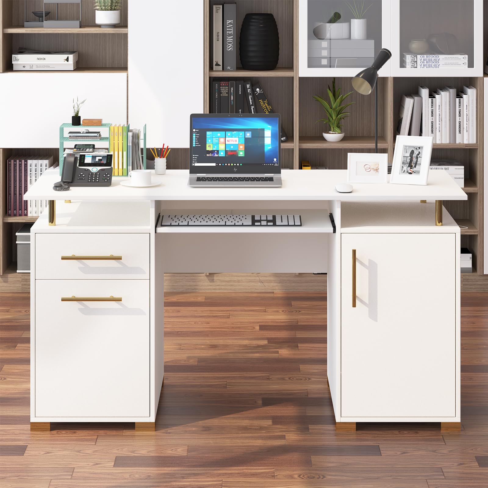 MaverickFurni White and Gold Executive Desk with Drawers, 55 Inch White Desk with Keyboard Drawers, White and Gold Desks for Bedrooms, White Computer Desk with File Cabinet for Office