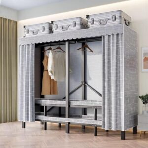 59in Portable Wardrobe Closet Rack 1200lbs Heavy-Duty Foldable Garment Rack With Cover Freestanding Clothes Organizer System enclosed Curtain Armoires For Hanging Clothes For Bedroom (150cm/59in)