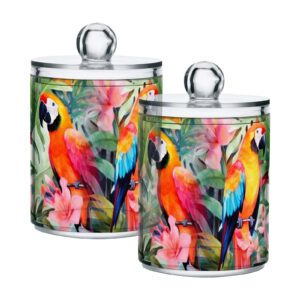 flildon colorful parrot birds qtip holder dispenser, bathroom organizer and storage containers, 4pack clear plastic apothecary jars with lids for cotton ball, cotton swab, floss