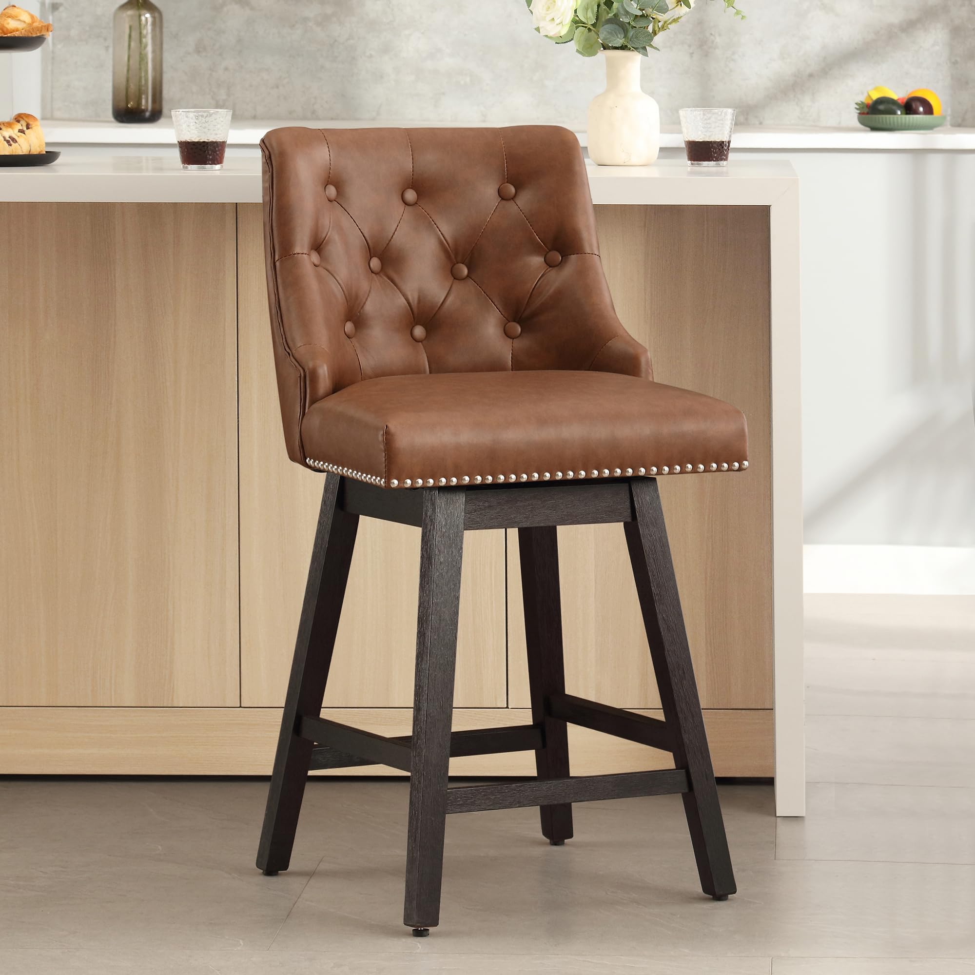 Busaurus Swivel Bar Stools Counter Height, 26" Faux Leather Upholstered Swivel Counter Stools with Back Set of 1, Modern Kitchen Island Stools with Solid Wood Legs, Brown