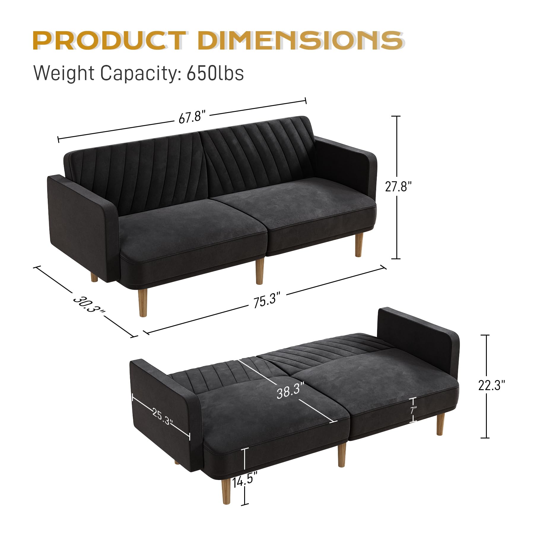 OUYESSIR Futon Sofa Bed, 75.3" Couch Small Sofa, Loveseat, Sleeper Sofa, Mid Century Modern Futon Couch, Sofa Cama, Couches for Living Room, Black Velvet