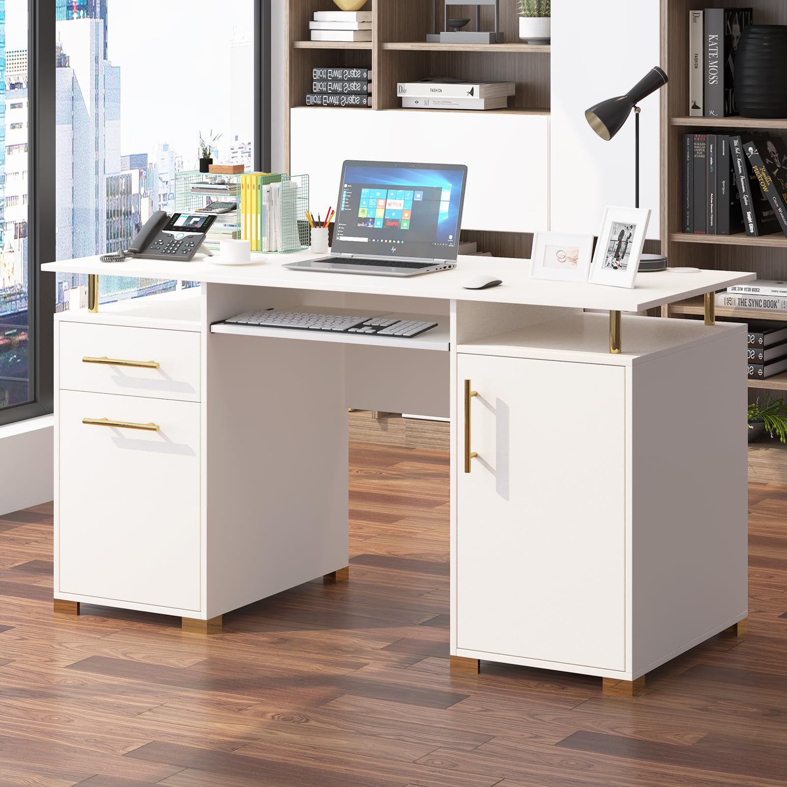 MaverickFurni White and Gold Executive Desk with Drawers, 55 Inch White Desk with Keyboard Drawers, White and Gold Desks for Bedrooms, White Computer Desk with File Cabinet for Office