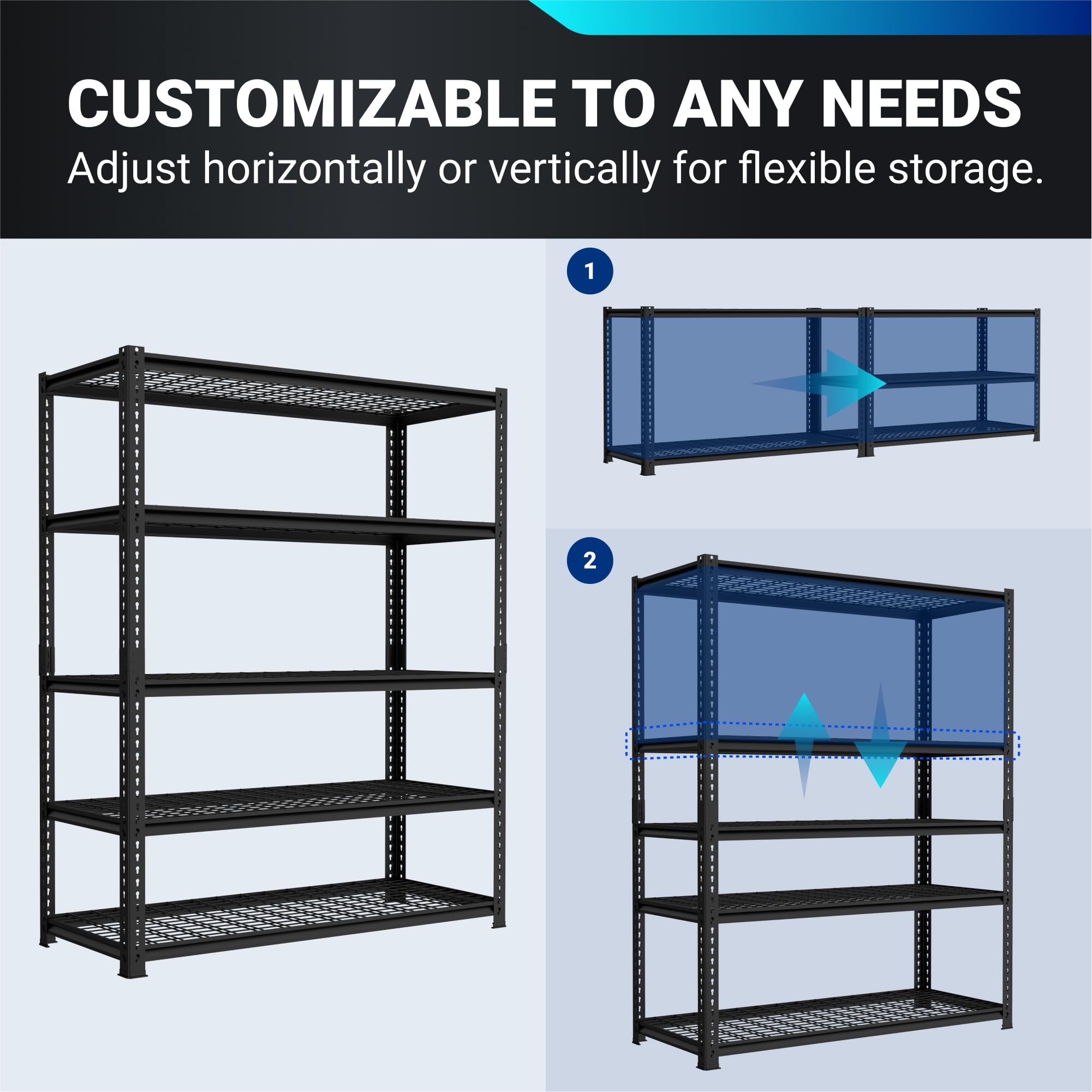 FLEXIMOUNTS Garage Shelving, 48" Wx24 Dx72 H, Metal Storage Racks and Standing Shelving Units, Garage Storage Shelves, 5-Tier Heavy Duty Shelf