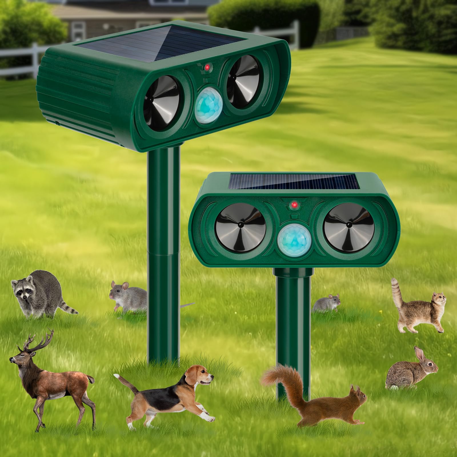 2 Pack 2024 Solar Ultrasonic in Repellent Defender Rat, Squirrel, Deer, Raccoon, Skunk, Rabbit, Mole, Dog, Cat, Waterproof with Motion Detector