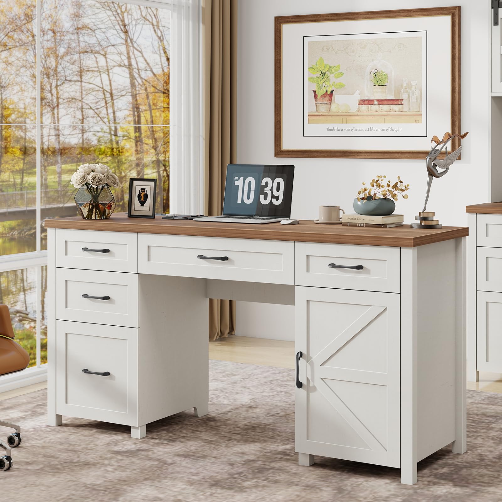 Farmhouse 61'' Executive Desk with 5 Drawers, Rustic Office Desk Computer Desk with Charging Station, File Drawers and Storage Cabinet, Wood Workstation for Home Office and Study, Untique White