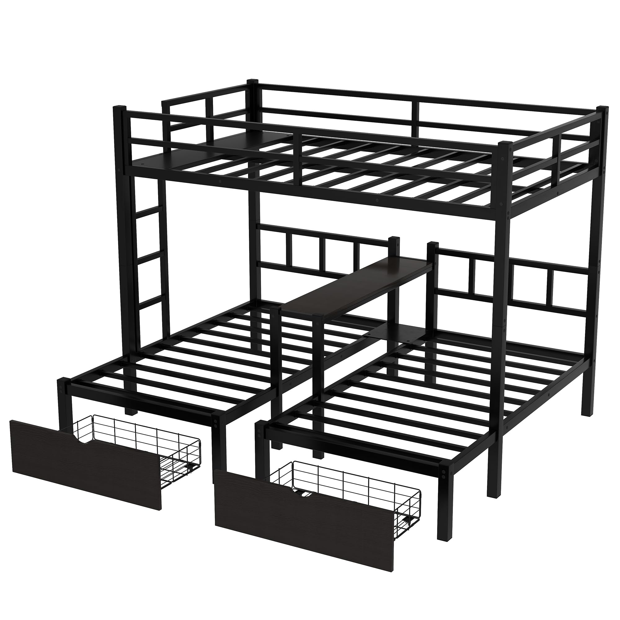 Full XL Over Twin Over Twin Bunk Bed for 3 Kids, Heavy Duty Triple Bunk Bed with Storage Drawers, Shelf, Guardrails and Ladder, Full XL Over Twin Over Twin Triple Bunk for Kids, Teens, Black