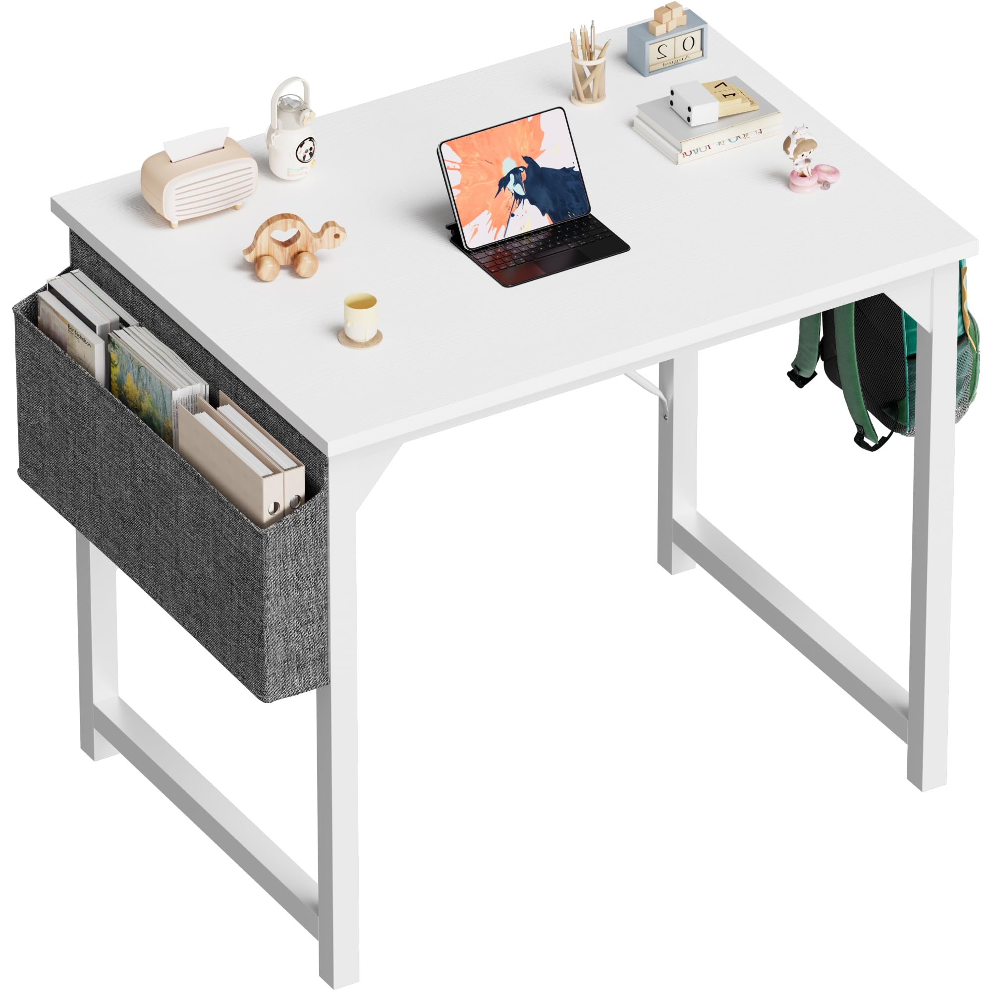 Shahoo Small Computer Desk for Bedroom 32 Inch Office Writing Work Study Kids Student Bedroom Wood Modern Simple Table with Storage Bag & Headphone Hooks, White