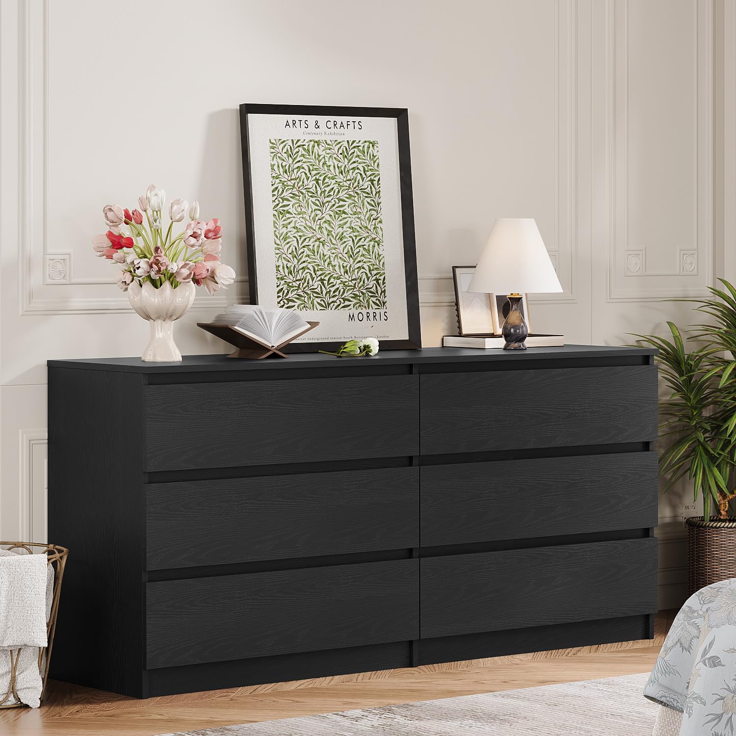 Angel Sar 59'' Dresser for Bedroom, Modern Black 6 Drawer Dresser, Long Dresser with Spacious Tabletop, Smooth Slides, Handlefree Design & Sturdy Base, Double Drawer Dresser for Closet