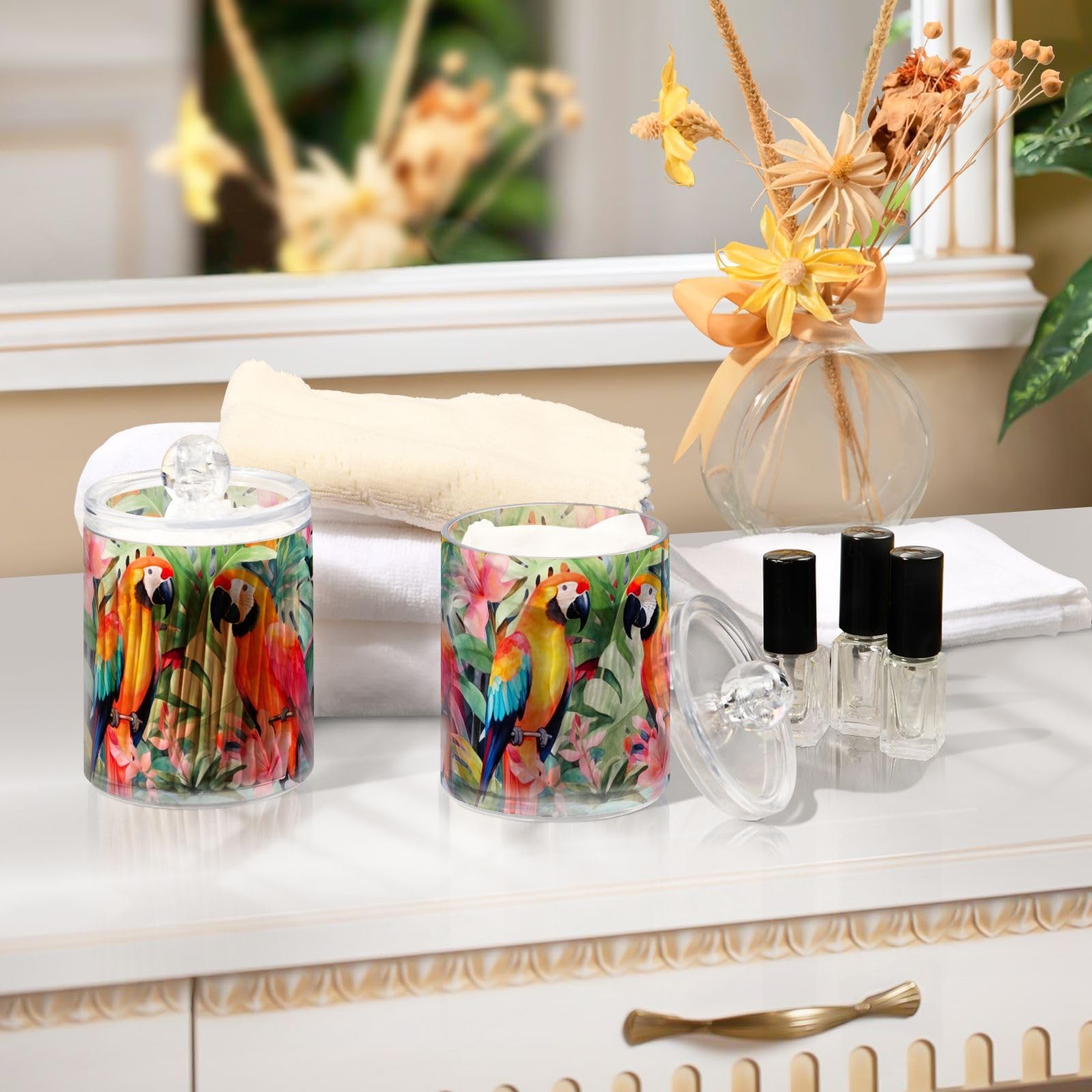 FLildon Colorful Parrot Birds Qtip Holder Dispenser, Bathroom Organizer and Storage Containers, 4Pack Clear Plastic Apothecary Jars with Lids for Cotton Ball, Cotton Swab, Floss