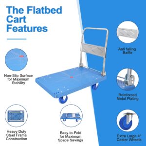 Folding Dolly Cart with Wheels Collapsible - 1500lbs Alloy Steel Portable Foldable Moving Push Utility Flat Hand Trucks, Heavy Duty Trolley Dolley with 360 Degree Swivel Wheels (Blue, PP-S)