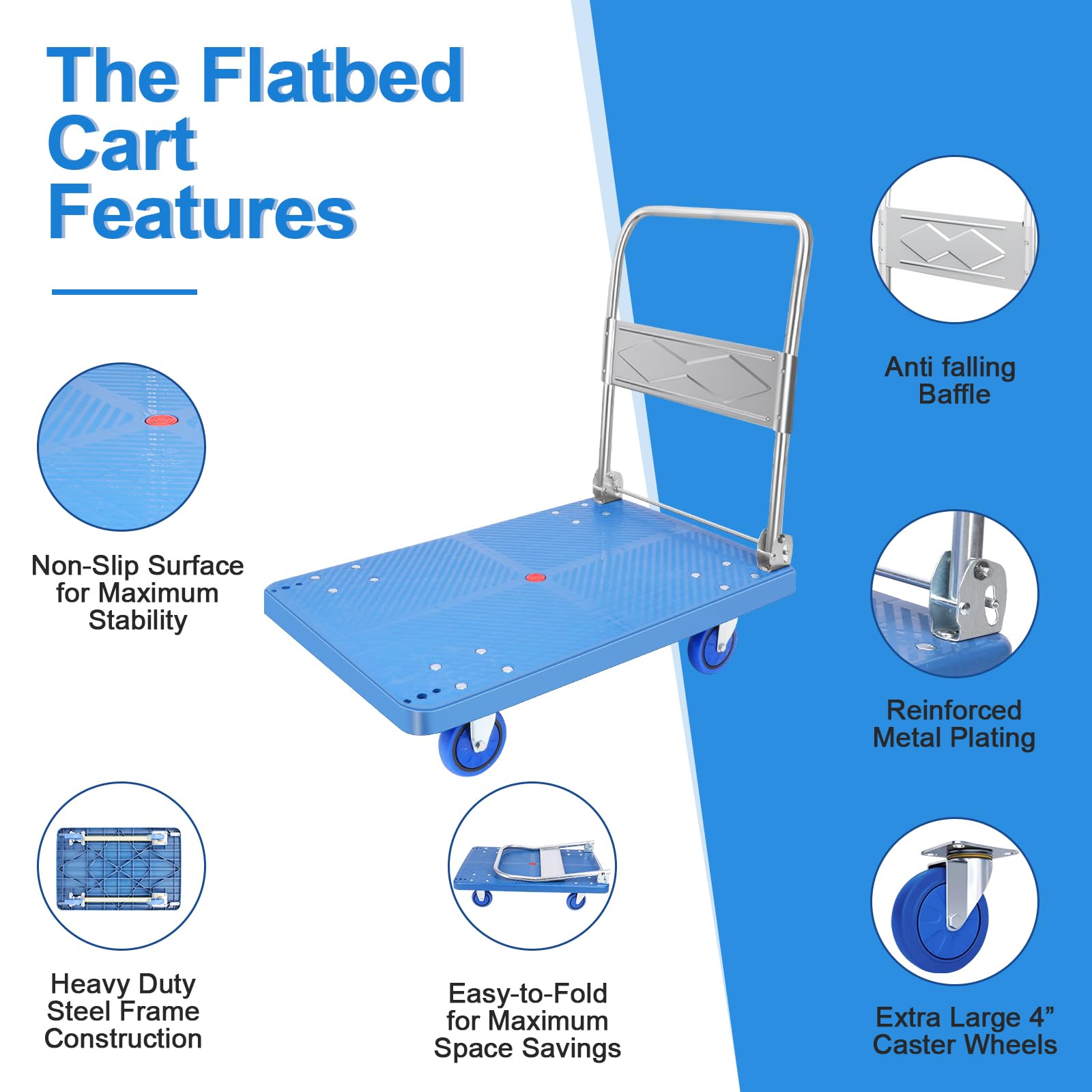 Heavy Duty Platform Truck Cart: Upgrade Large Flatbed Cart Folding Hand Trucks | 400 LBS Heavy Duty Space Saving Collapsible | Swivel Push Handle Flat Bed Wagon (Bule, S)