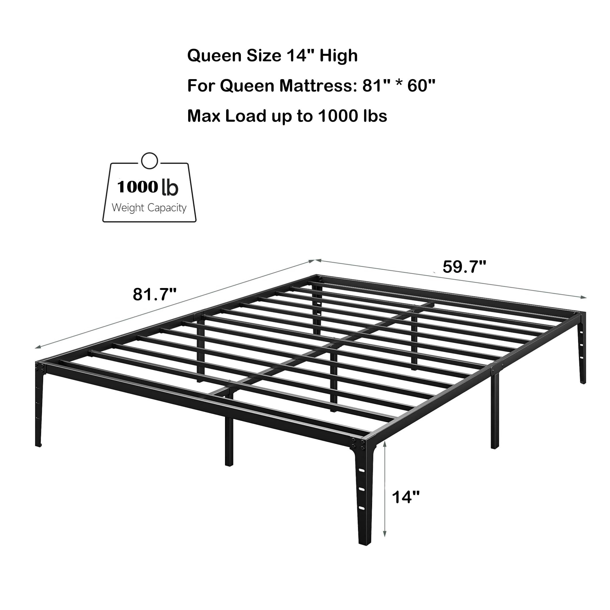 SUNNYFURN 14 Inch Queen Bed Frame - Queen Bed Frame Platform Metal - Metal Platform Bed Frame No Box Spring Needed Heavy Duty Bed Frame,Sturdy, Easy Assembly, Under Bed Storage - Black Queen Size