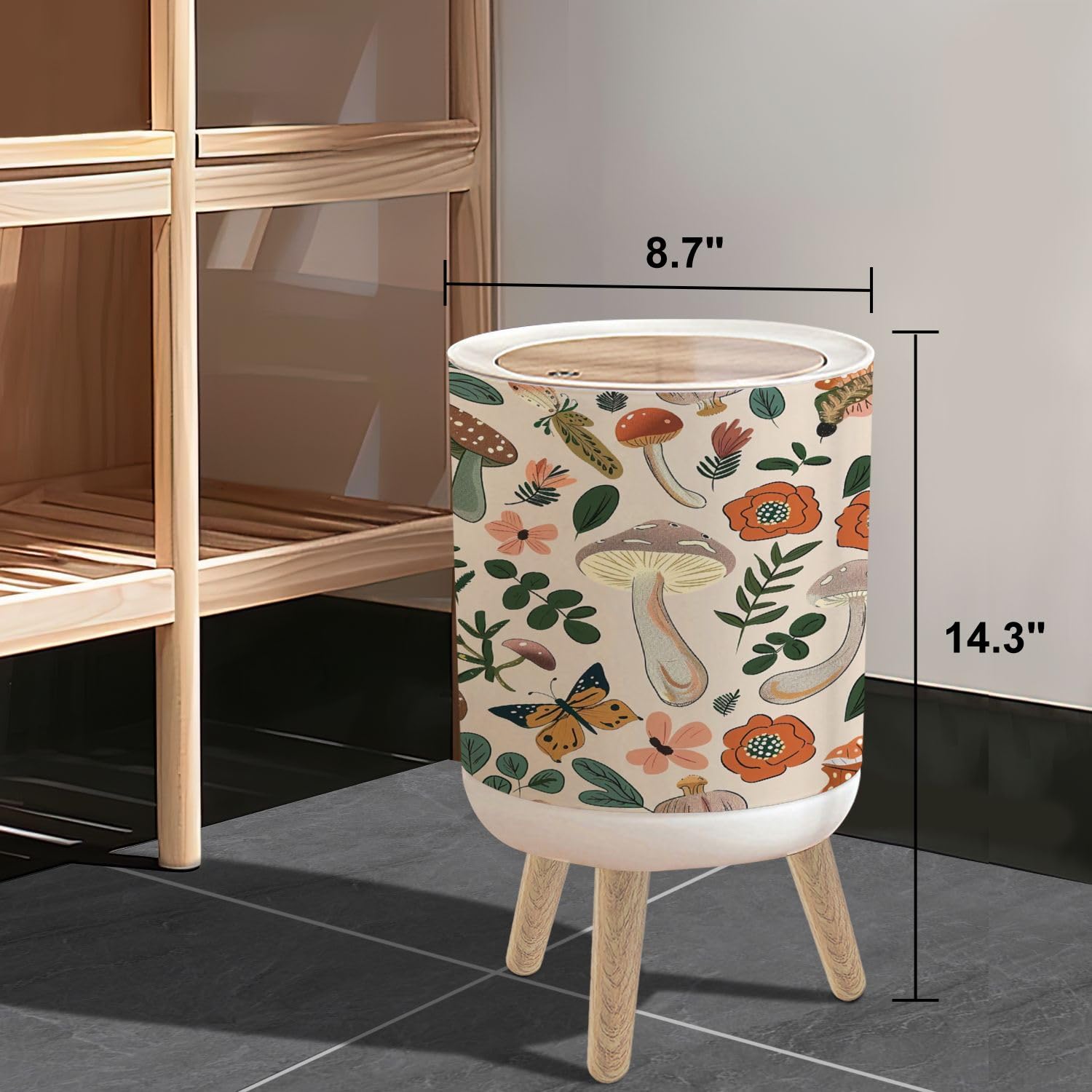 hgsschrek Small Trash Can with Lid Seamless Natural Pattern Forest Mushrooms Insects Drawn 1.8 Gallon/7L Garbage Can Waste Bin with Pop-Up Lid Wood Legs Wastebasket for Bathroom Kitchen Bedroom