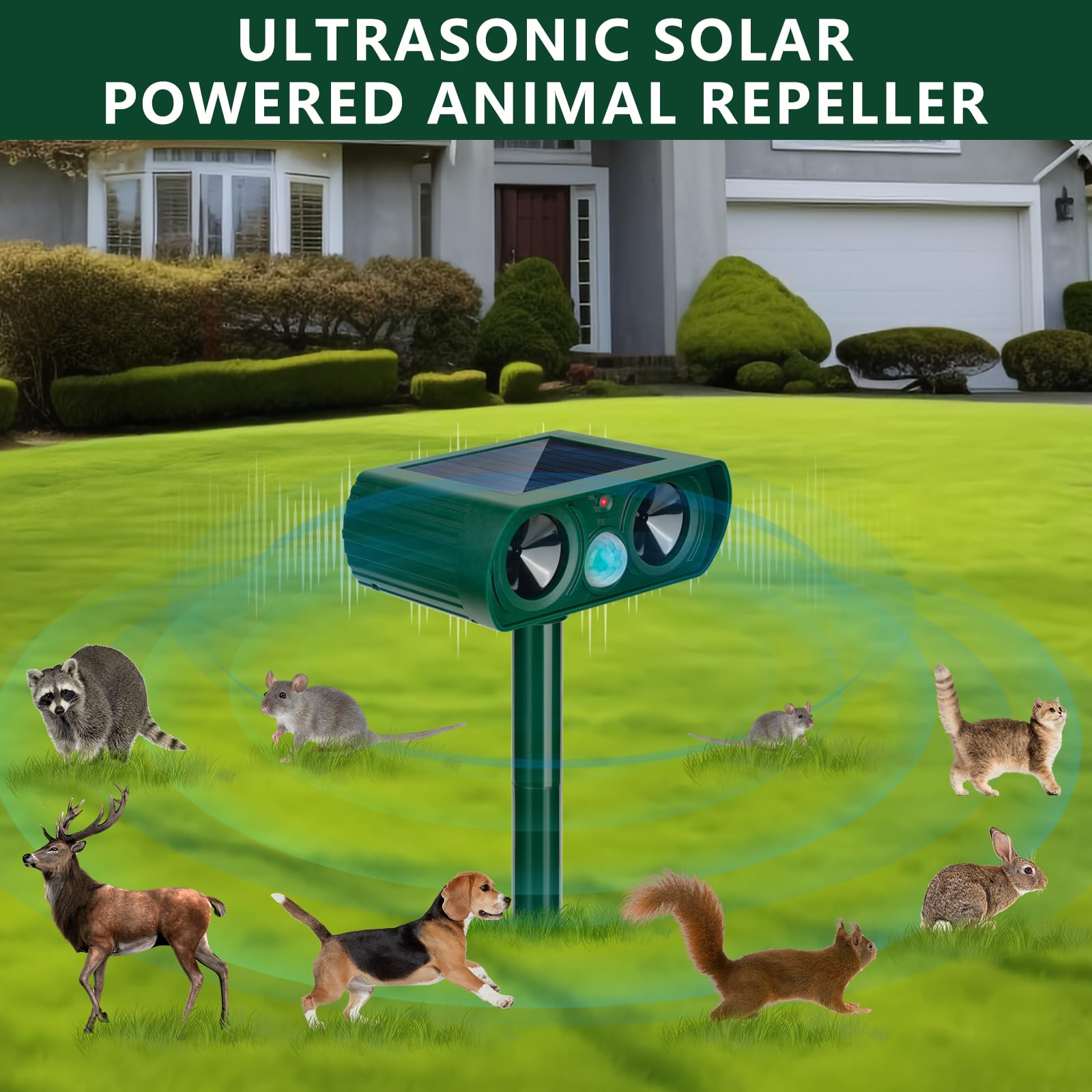 2 Pack 2024 Solar Ultrasonic in Repellent Defender Rat, Squirrel, Deer, Raccoon, Skunk, Rabbit, Mole, Dog, Cat, Waterproof with Motion Detector