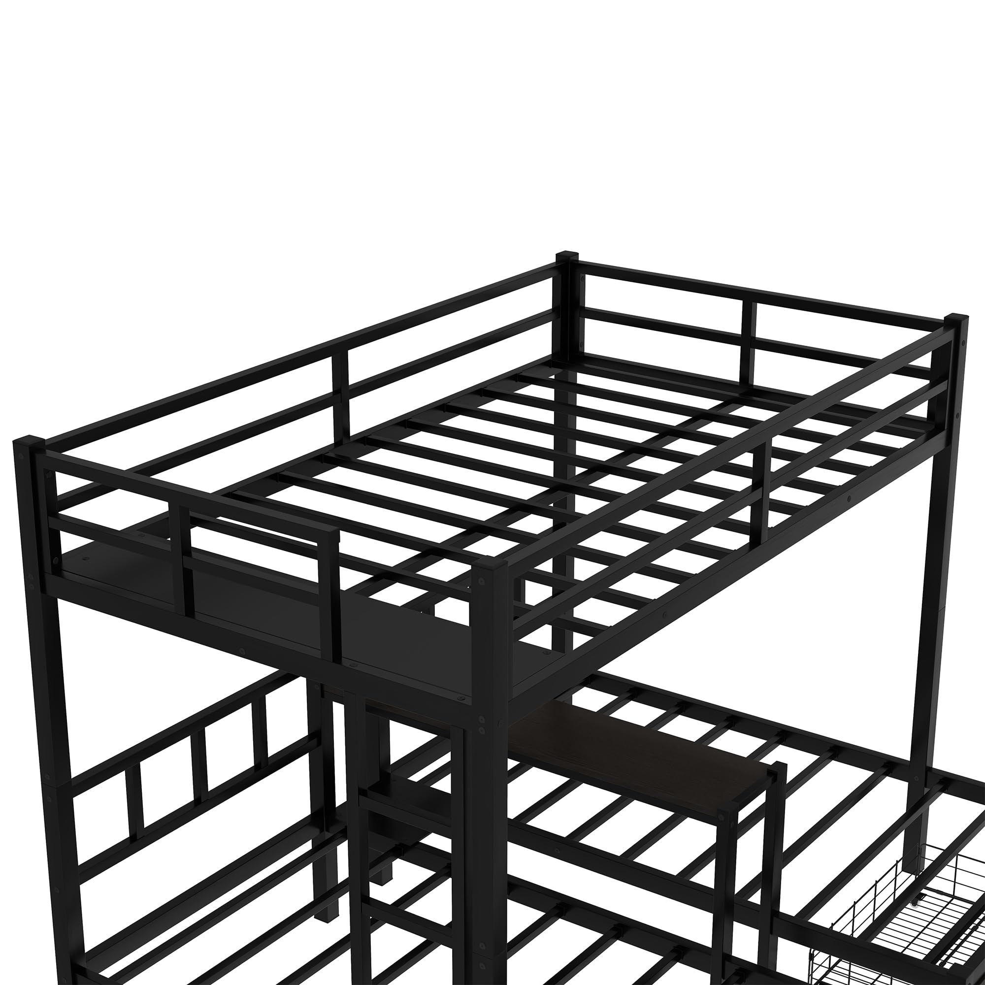 Full XL Over Twin Over Twin Bunk Bed for 3 Kids, Heavy Duty Triple Bunk Bed with Storage Drawers, Shelf, Guardrails and Ladder, Full XL Over Twin Over Twin Triple Bunk for Kids, Teens, Black