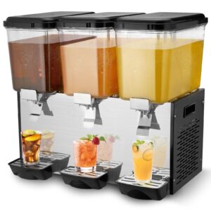 vevor commercial beverage dispenser, 3 tanks 18 l / 19 qt per tank juice dispenser, 512w stainless steel ice tea drink machine with 45°f-54°f cooling temperature, for cold drink restaurant bar party