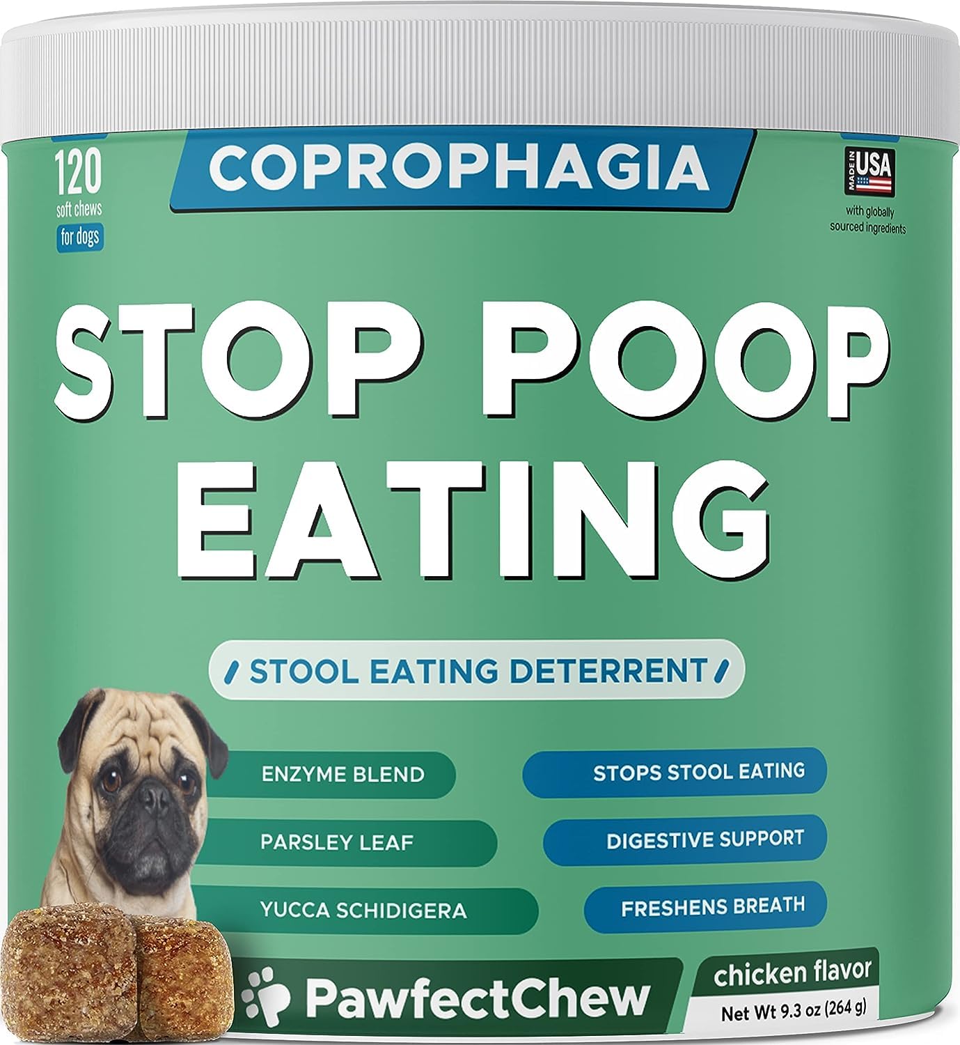 PAWFECTCHEW No Poo Chews for Dogs - Stop and Prevent Coprophagia - Dog Poop Eating Deterrent & Prevention - Digestive Enzymes + Probiotics for Gut Health - Breath Freshener - 120 Chews