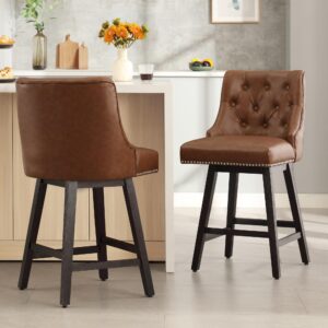 Busaurus Swivel Bar Stools Counter Height, 26" Faux Leather Upholstered Swivel Counter Stools with Back Set of 1, Modern Kitchen Island Stools with Solid Wood Legs, Brown