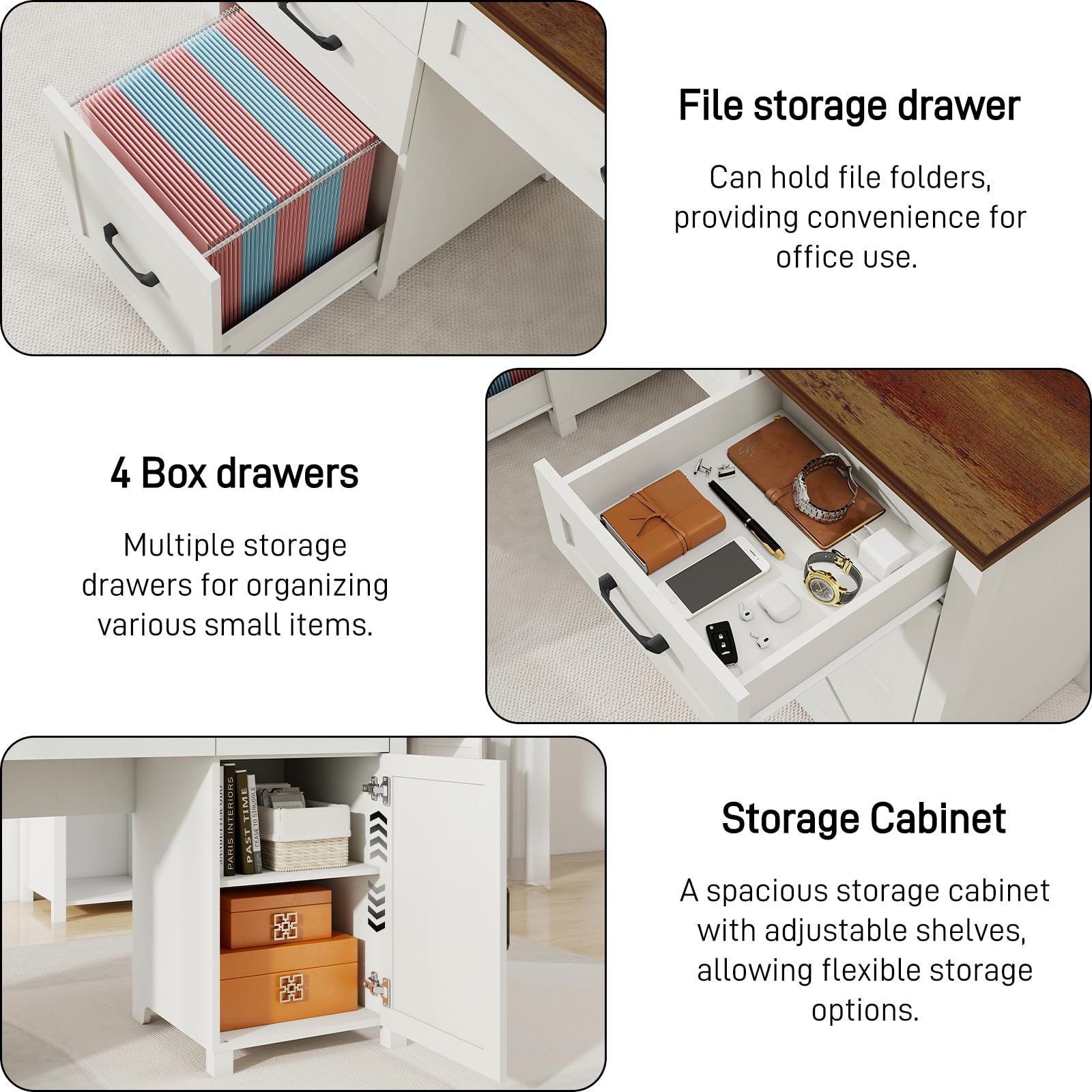 Farmhouse 61'' Executive Desk with 5 Drawers, Rustic Office Desk Computer Desk with Charging Station, File Drawers and Storage Cabinet, Wood Workstation for Home Office and Study, Untique White