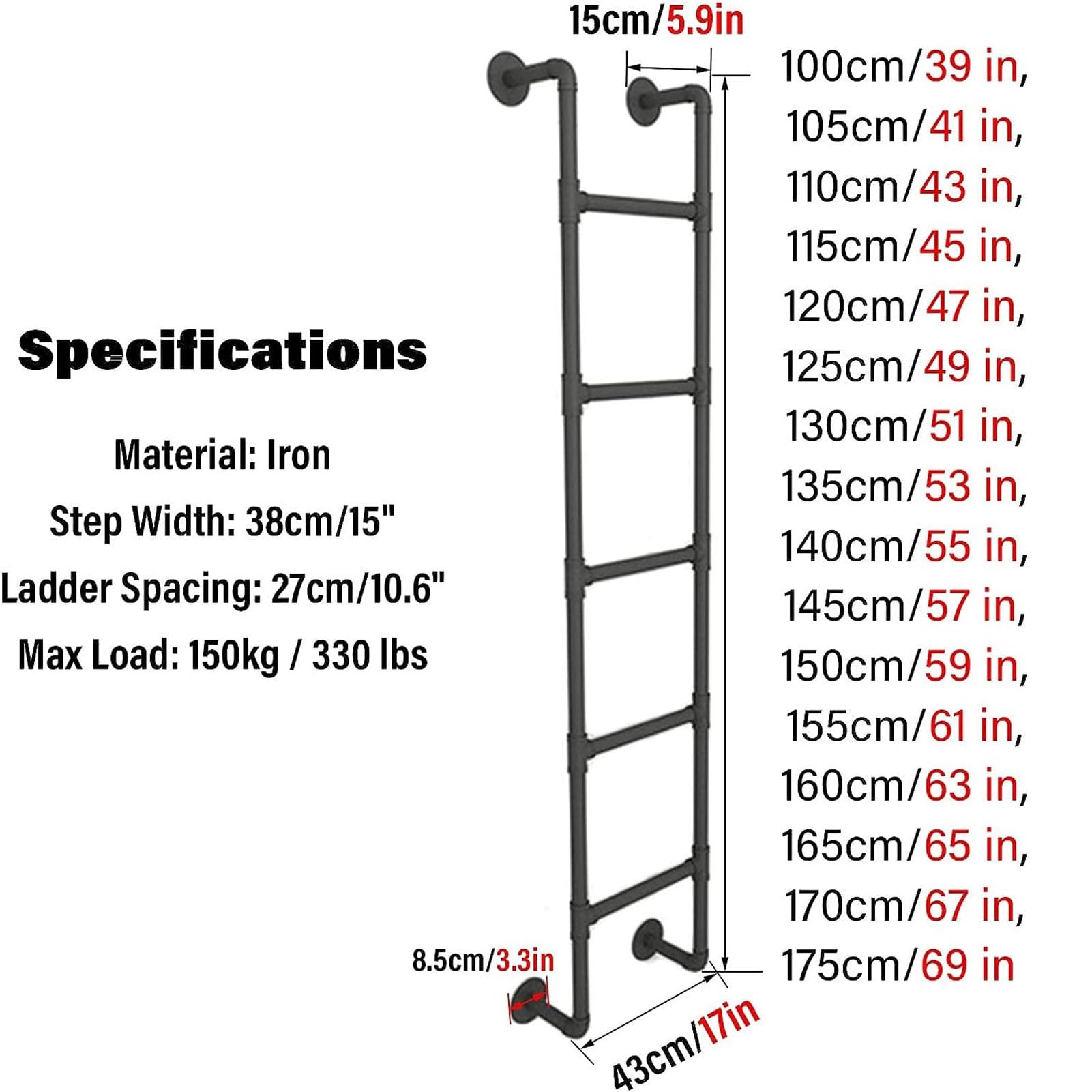 Basement Escape Ladder – 40 45 50 55 60 65 70 inch Ladders for Egress Basement Window Well Covers Outside, Small Ladder for Fire Emergency Home Safety, Ladder for Egress Window Wrought